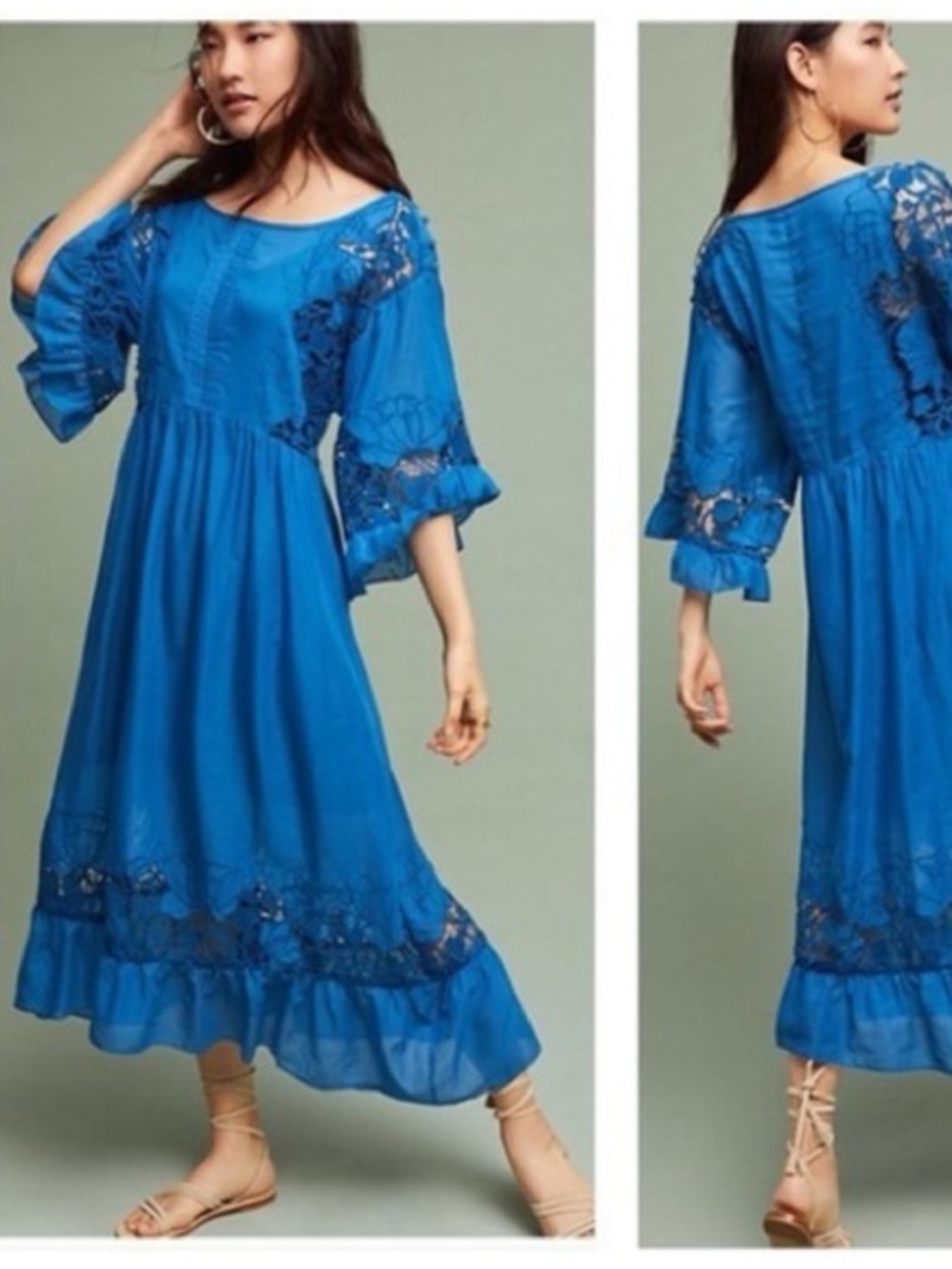 Bohemian Blue Lace-Panel Maxi Dress